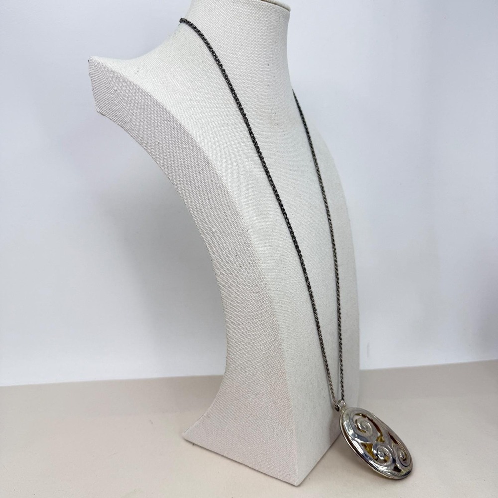 Oval Filigree Scroll Pendant Necklace Bold Statement Long Length Silver Tone - Picture 3 of 8